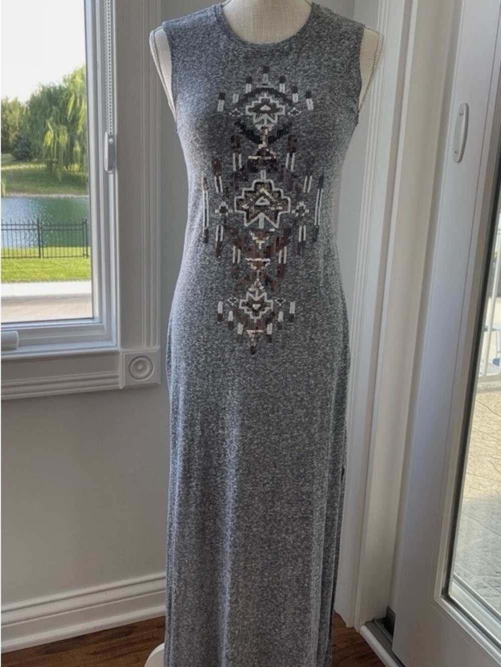 Express Gray Sleeveless Maxi Dress with Geometric Embroidery